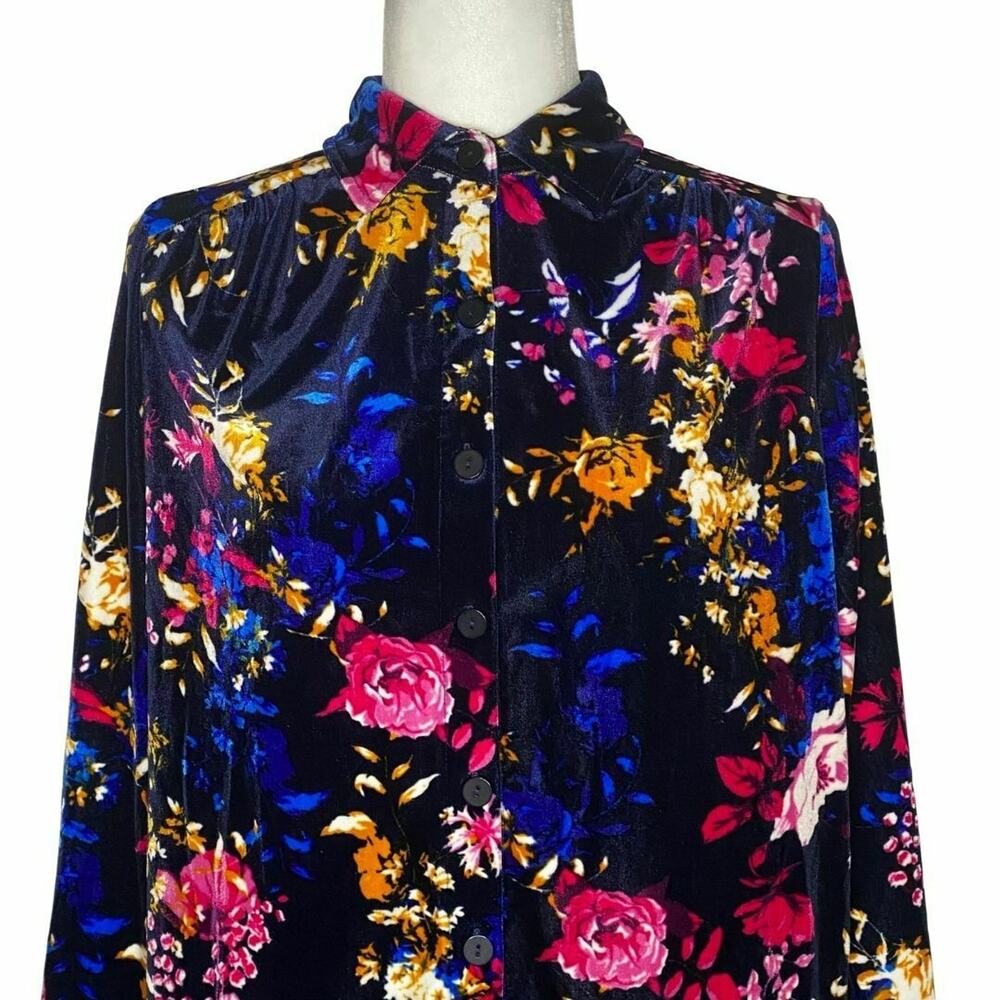 Jessica London High Low Velvet Black Floral Blouse Collared Button Up Size 12 - Picture 1 of 7